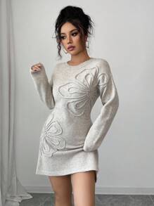 Elenzga Đầm midi/váy len thêu hoa cổ tròn tay dài thanh lịch, đa năng cho nhiều dịp và mùa, Thu/Đông - Màu be - Xem 4