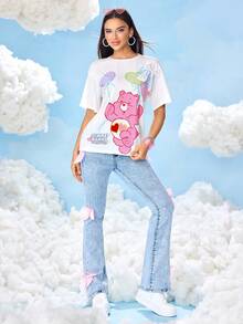 SHEIN X Care Bears Women's Cartoon Bear Pattern Round Neck Short Sleeve T-Shirt - White - View 6