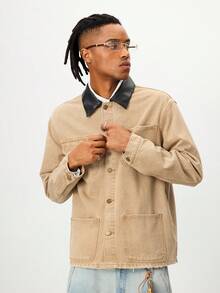 ROMWE MEN Street Life Giacca di jeans da uomo con colletto a contrasto e tasche multiple con bottoni