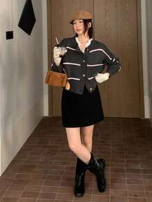 DAZY Women's Round Neck Striped Korean Style Contrast Color Casual Cardigan Fall/Winter - Grey - View 3