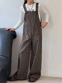 SHEIN 青少年女孩秋冬装休闲豹纹口袋宽松宽松连体裤猎豹印花（不含 T 恤）、休闲百搭牛仔裤、返校秋冬返校节服装、万圣节女孩服装、圣诞节服装、老款服装 - 棕色 - 查看 3