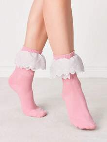 ROMWE Kawaii 1 Pair Cute Lace Hollow Out Mid-Calf Socks, Sweet Ruffled Hem Pink Short Socks, Versatile JK School Style Socks For Women - Multicolor - View 3