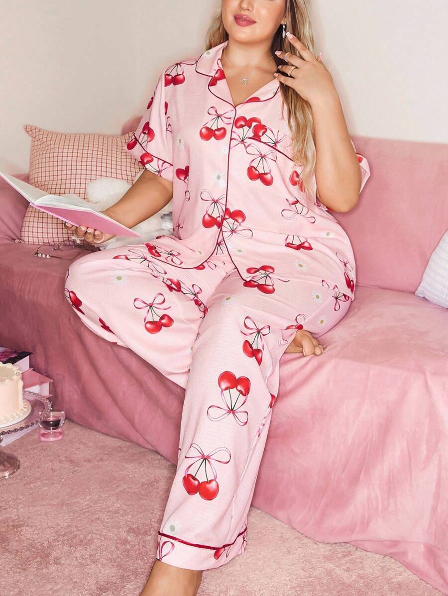 SHEIN Bộ đồ ngủ lãng mạn in họa tiết nơ và quả anh đào cỡ lớn, Giáng sinh - Nhiều màu - Xem 1