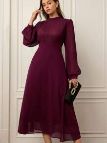 Aveloria Rosie Abito plissettato in chiffon leggero e fluido con vita alta e maniche lunghe, taglie comode - Viola rosso - Visualizzare 4