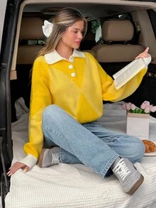 SHEIN Cozy Oversized Knit With Argyle Pattern And Polo Collar Charm Yellow Sweater Womens Sweater Button Up Sweater Yellow Cardigan Diamond Pattern Sweater,Jumper,Cream Jumper,Jumpers,Black Jumper,White Jumper,Women's Jumper,Women's Jumpers,Winter Clothes