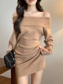 DAZY 女士露肩韩版露肩长袖针织毛衣连衣裙，秋冬