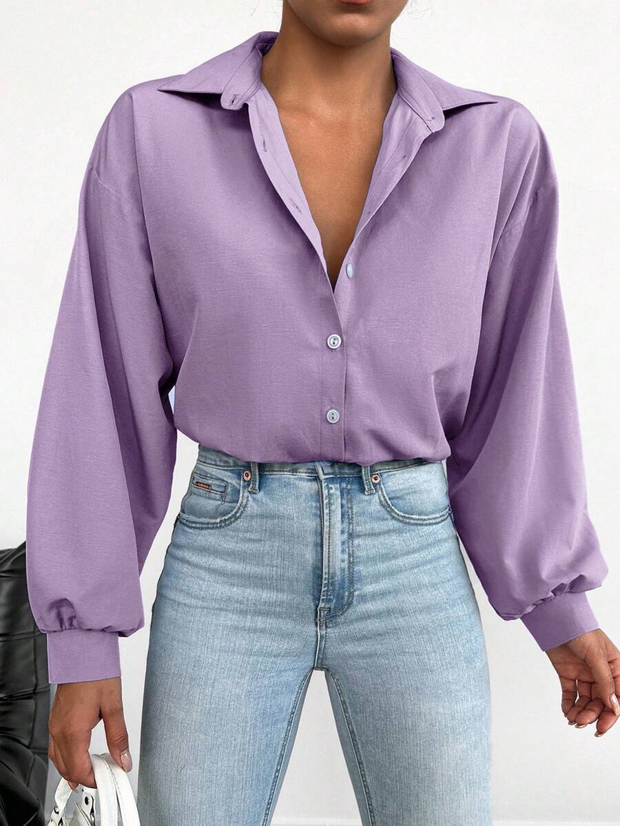 EURMUSE Women's Solid Color Front Button Elegant Office Long Sleeve Shirt - Lilac Purple - View 1