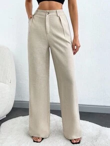 ZIRRA Women's Solid High Waist Pleated Straight Loose Casual Pants - Apricot - View 5