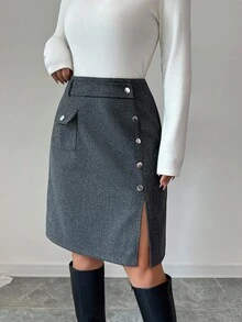Elenzga Women's Solid Color Knee-Length Side Slit Hem Button Design A-Line Skirt - Dark Grey - View 4
