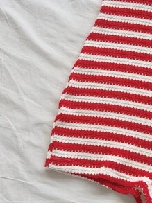 Soleia Plus Size Women's Vacation Red & White Striped Knit Textured Deep V Neck Tie Front Jumpsuit, Suitable For Party, Valentine's Day, Date Night, Layering Or Outerwear, Suitable For Party, Christmas, Valentine's Day, Date, Beach, Cruise, Festival, Easter, Boho Vacation