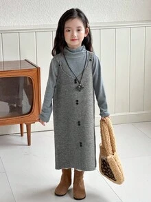 DAZY Young Girl Solid Color V-Neck Sleeveless Korean Style Layered Knit Dress Fall, Winter - Grey - View 4