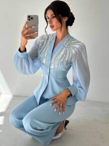 Firerie 女士优雅、精致、浪漫、端庄的日常通勤、约会、派对、返校、老师、度假珍珠和水钻装饰收腰雪纺灯笼袖夹克和高腰阔腿裤蓝色 2 件套 - 藍色 - 查看 7