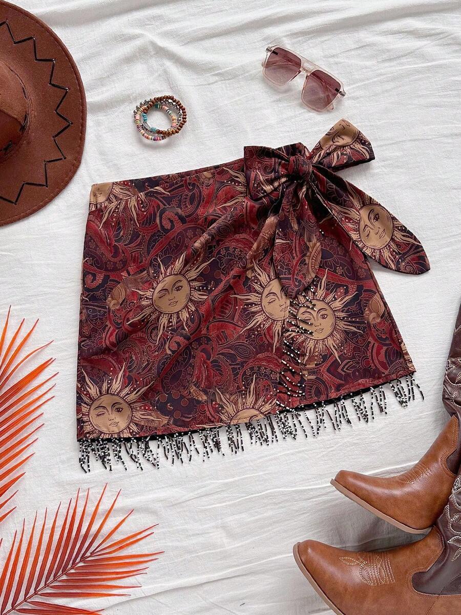 Soleia Vintage Sun Element Print Beaded Tassel Side Tie Waist Skirt, Suitable For Vacation, Music Festival, Bohemian, Holiday, Afternoon Tea, Beach