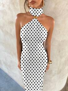 Aloruh 女士优雅性感金属扣复古波尔卡圆点印花装饰镂空紧身黑色针织弹力连衣裙，适合约会 - 白色 - 查看 4