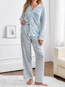 EURMUSE 女士两件套蝴蝶图案纽扣前襟家居服舒适睡衣套装 - 白色 - 查看 3