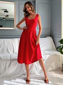 RueChic Plus Elegant Solid U-Neck Sleeveless A-Line Dress - Red - View 4