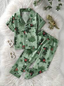 2 件套小男孩可爱恐龙印花短袖衬衫和裤子休闲家居服套装