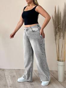 SHEIN Cottnline 100%纯棉高腰直筒大码浅灰色牛仔裤 - 淺灰色 - 查看 4