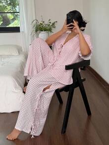 SHEIN Dream Adore Plaid Print Tie-Up Plus Size Women Summer Pajama Set, Outfits - Pink - View 3