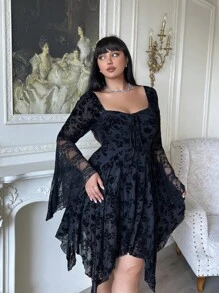 Lyrianda Váy Y2K dệt kim jacquard co giãn, tay loe, viền bèo nhún cỡ lớn - màu đen - Xem 1