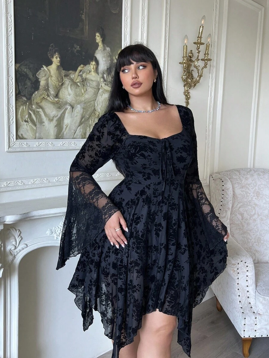 Lyrianda Váy Y2K dệt kim jacquard co giãn, tay loe, viền bèo nhún cỡ lớn - màu đen - Xem 1