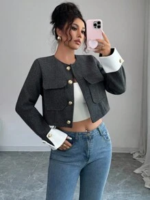 Elenzga Metal Buckle Decor + Color Block Short Jacket Fall Winter Cloth For Women - Dark Grey - View 1