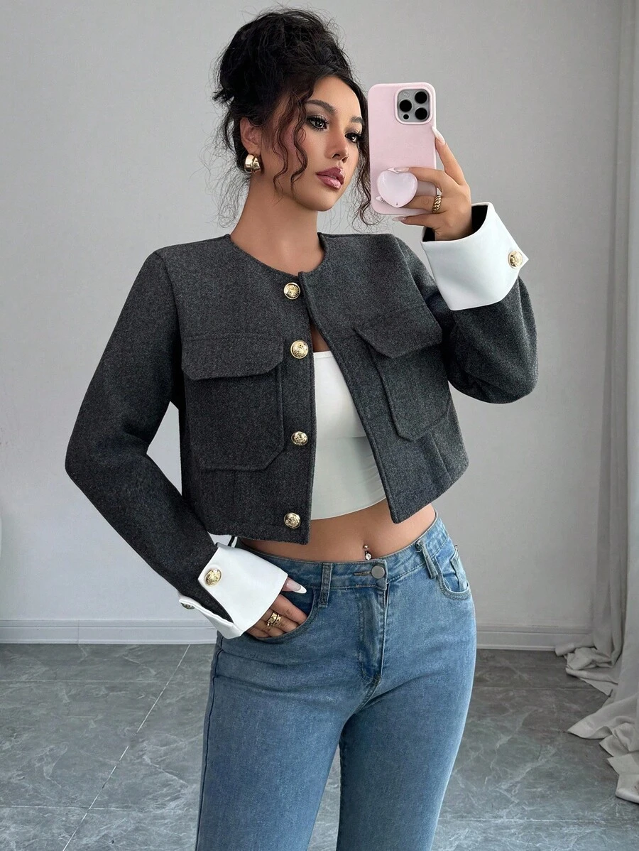 Elenzga Metal Buckle Decor + Color Block Short Jacket Fall Winter Cloth For Women - Dark Grey - View 1