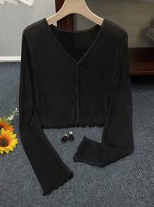 INAWLY Cárdigan de manga larga con volantes de unicolor, ropa de otoño e invierno para mujeres, talla estándar - Negro - Ver 4