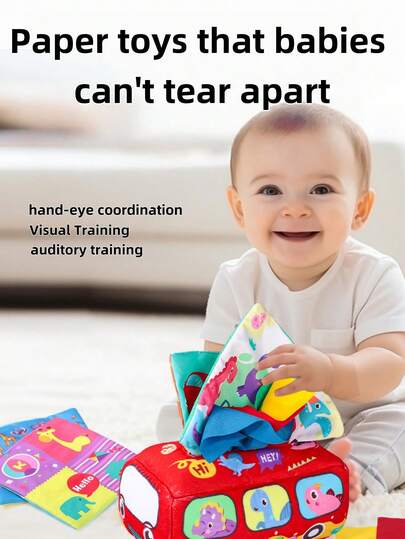 Zazumi 1PC Montessori Sensory Toy Tear Proof Tissue Box Pulling Game Fine Motor Skill Development Chew Safe Textured Fabric Activity Cube Early Learning Play