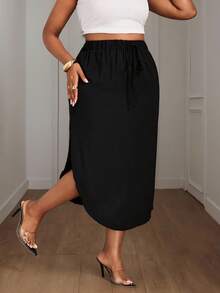 SHEIN PETITE CURVE 大码女式休闲纯色弧形下摆半身裙 - 黑色 - 查看 5