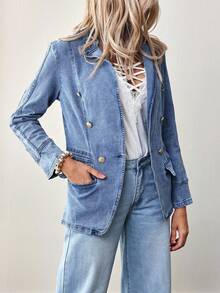 EMERY ROSE Women's Double-Breasted Decorated Blazer Collar Denim Jacket - Blue - View 4