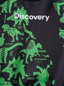 Discovery X SHEIN Young Boys' Dinosaur Allover Asymmetrical Print Patchwork Contrast Color Crew Neck Sweatshirt, Autumn/Winter - Black - View 3