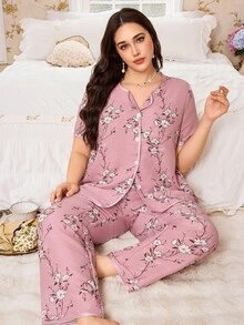 CottageSlumber طقم كارديجان وشورت مطبوع بالزهور، مقاس كبير - وردي مغبر - مشاهدة 6