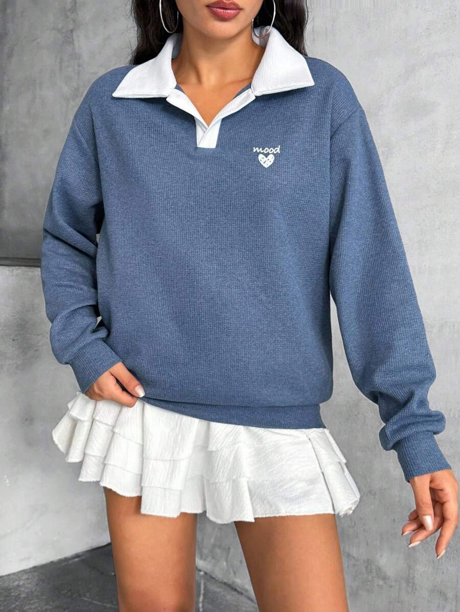 EURMUSE Block Color, Embroidery Details, Polo Sweatshirt - Navy Blue - View 1