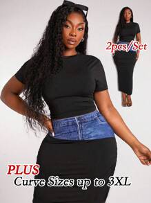 SHEIN SXY Set elegante, glamour e sexy da 2 pezzi in stile minimalista per donna, in effetto jeans con stampa patchwork, adatto per uso quotidiano, festival musicali, concerti, carnevale, vacanze al mare, appuntamenti, compleanni, addio al nubilato, discoteche, casual, shopping, uscite, facile da abbinare e snellente, che valorizza la figura.