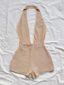 Soleia 女士度假白色针织纹理波浪图案深 V 领露背性感紧身衣，时尚合身，适合派对、约会、下午茶、波西米亚风度假、海滩、夏季服装