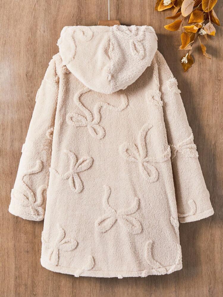 Sparklyn 1pc Girls Plus Fuzzy Hooded Cardigan, Long Sleeve Knee-Length Soft & Comfortable Butterfly Knit Pattern Jacket, Autumn/Winter Fall - Apricot - View 2