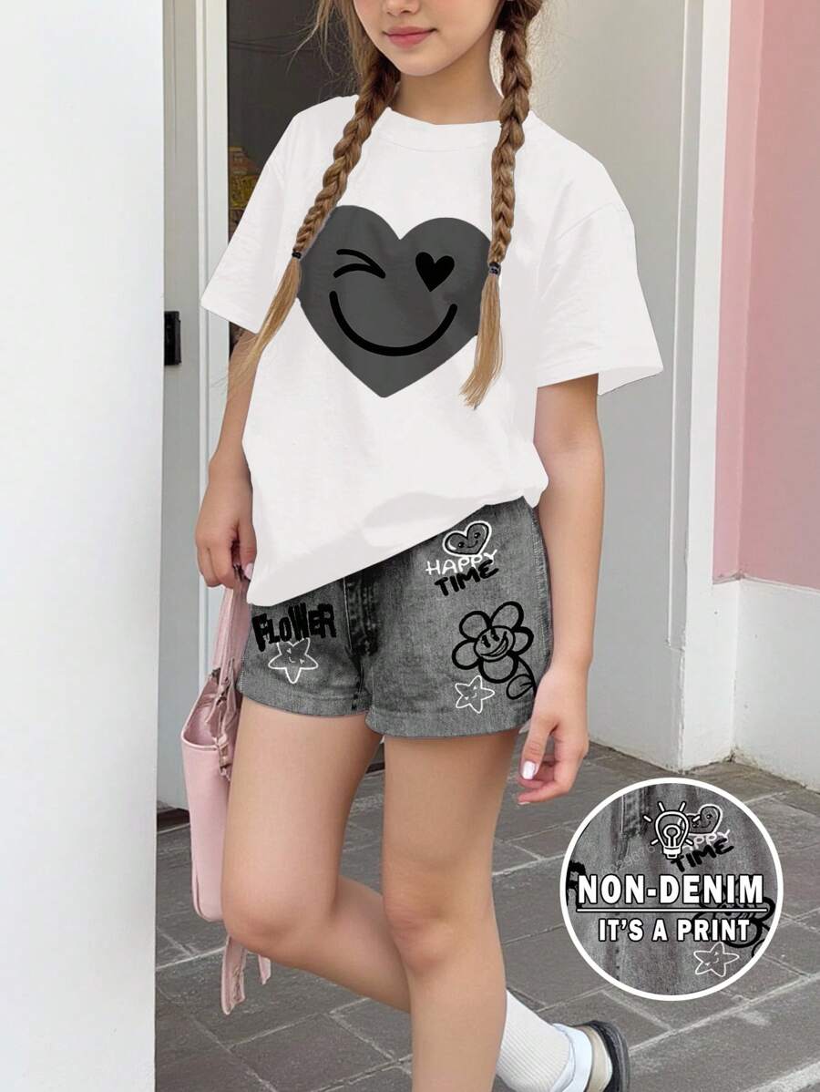2 件套青少年女孩休闲简约短袖上衣和短裤套装，适合夏季 - 彩色 - 查看 1