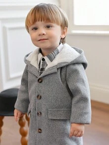 Souflis Souflis Baby Boy 3-24 Months Minimalist Wool Blend Hooded Trench Coat, Fashionable With Warm Thermal Lining, Autumn/Winter, Children Apparel Coat Coat Winter Coat Winter Clothes Hooded Coat Winter Jacket Jacket Winter Coat Gray Wool Coat Coats Coat Fall - Light Grey - View 10