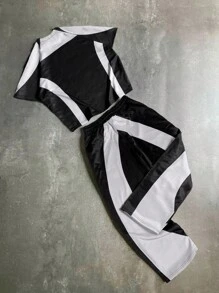 Manfinity EMRG 男士撞色圆领短袖T恤加裤子休闲西装男两件套裤子男黑白裤子男街头潮流套装男士宽松裤子男阔腿裤 - 黑色 - 查看 4