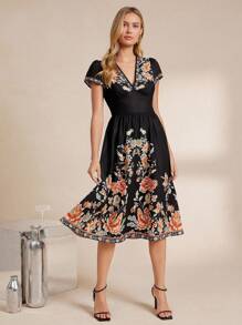 Amorya Đầm midi họa tiết hoa tay ngắn cổ chữ V ôm eo thanh lịch dành cho nữ, mùa xuân/hè, dáng chữ A, mặc hàng ngày/đi nghỉ - Nhiều màu - Xem 3