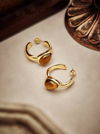 Glisma Par de pendientes de ojo de tigre en forma de semicírculo chapados en oro de 18K, decorados con metal/metálico, piedra natural, gema, adecuados para trabajo, casual, lindo, lujo, básico, boda, vacaciones, campamento, Y2K, para mamá, mujer, niña, otoño, invierno, festival, vacaciones, dinero antiguo, Halloween