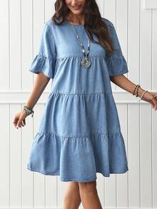 EMERY ROSE 女士圆领喇叭袖宽松牛仔娃娃裙 - 淺色水洗藍 - 查看 5