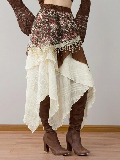 ROMWE Avant Women's Vintage Mori Kei Cottagecore Asymmetrical Hem Floral Lace Patchwork Mid-Length Skirt