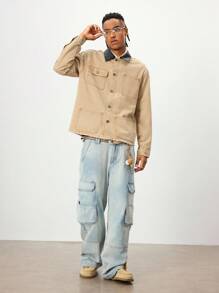 ROMWE MEN Street Life Giacca di jeans da uomo con colletto a contrasto e tasche multiple con bottoni