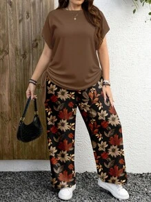 EMERY ROSE Casual Minimalist Maple Leaf Pattern Plus Size 2 Pieces Set, Suitable For Autumn - Multicolor - View 4