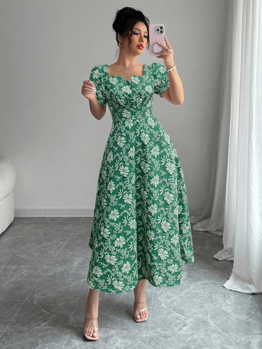 Rafferiza Đầm mùa hè thanh lịch dành cho nữ, tay phồng, chất liệu jacquard, thắt eo. - màu xanh lá - Xem 1