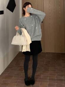 DAZY Suéter de cuello redondo de manga larga con nudo de lazo de punto trenzado de unicolor, informal, para primavera/otoño - Gris - Ver 6