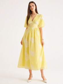 EMERY ROSE New Elegant Apricot Embroidered V-Neck Short Sleeve Dress, Spring/Summer - Yellow - View 4