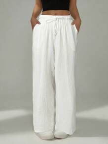 SHEIN PETITE Women Solid Color Waist-Tie Pockets Straight-Leg Pants,Business Casual Woman